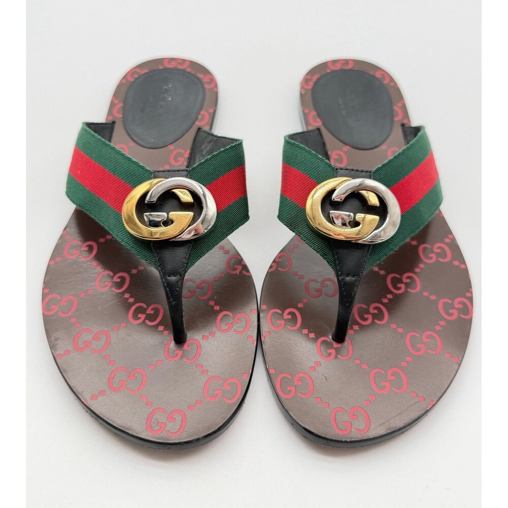 Gucci Kika GG Web Stripe Thong Sandals Black Red Flip Flop Flats EU 37.5 US 7.5 - Picture 12 of 13